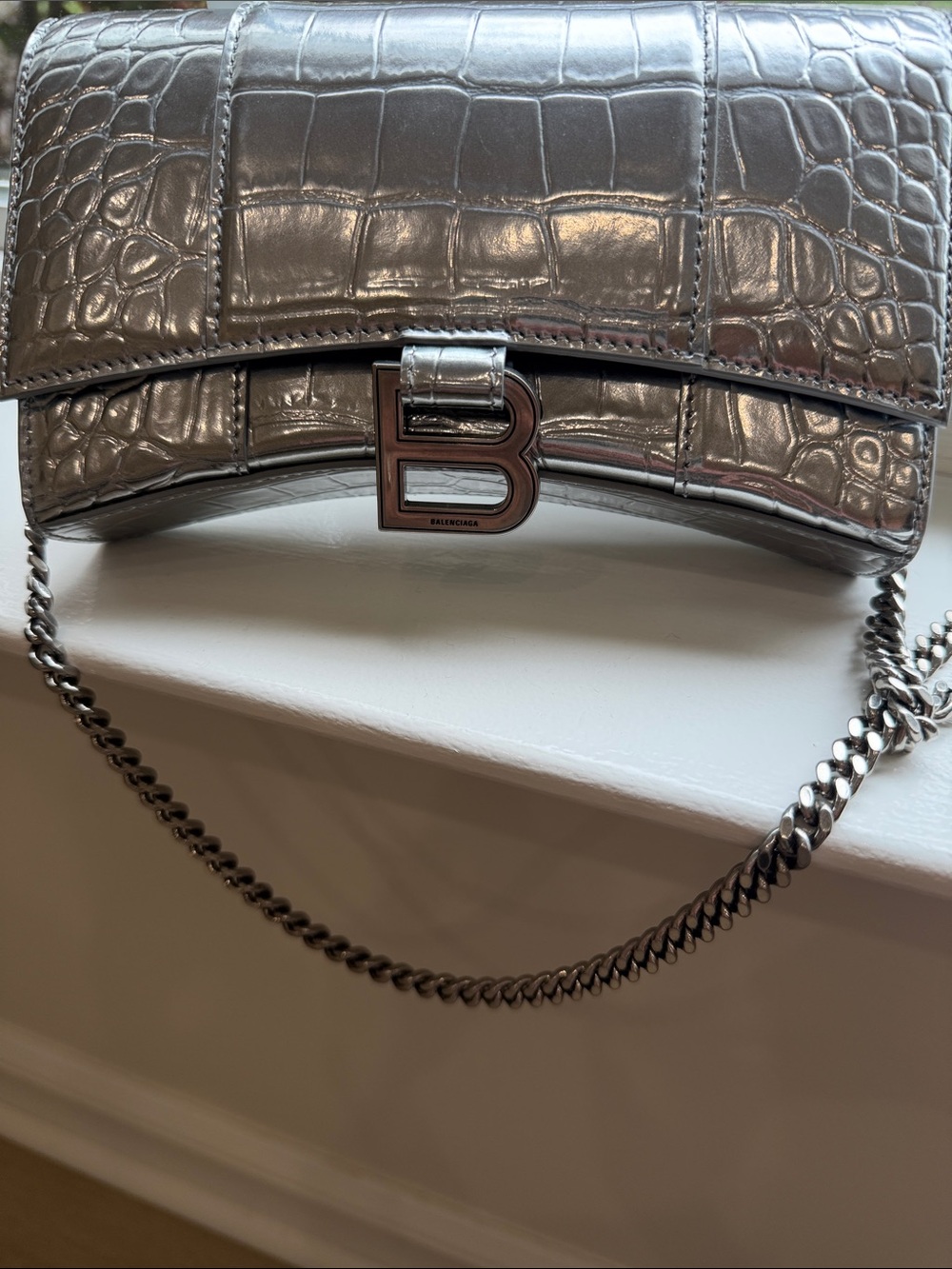 Balenciaga Metallic Silver Croc-Embossed 'B' Shoulder Bag - Picture 6 of 6